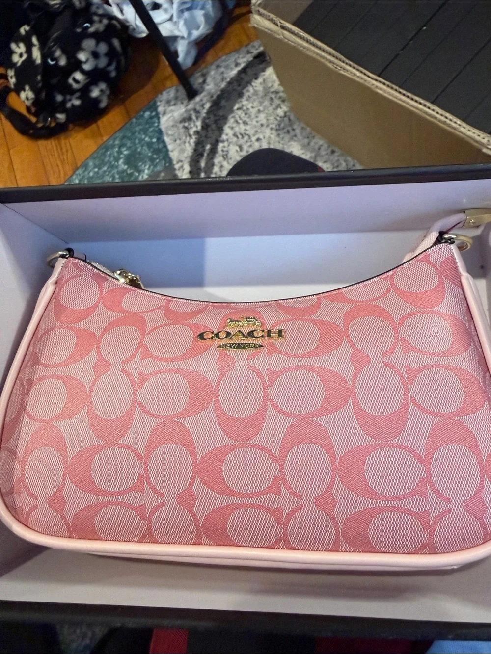 Coach Pink Signature Jacquard Shoulder Bag with Gold Logo
